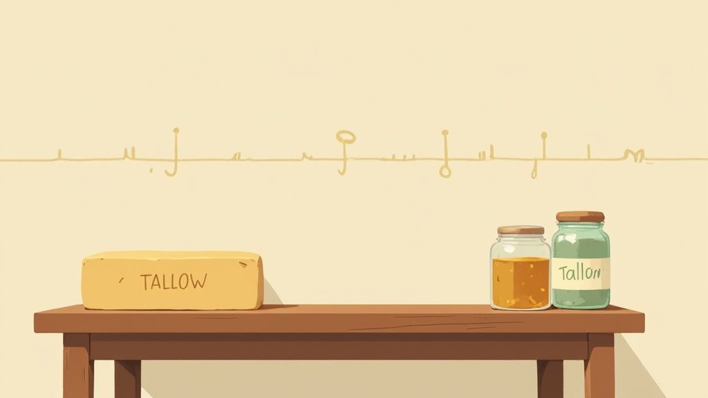 A yellow tallow bar and two jars (one with tallow, one labeled "Tallon") on a wooden table, with a decorative script on the wall.