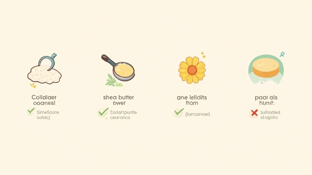 Illustrates four natural skincare ingredients, including shea butter and a flower, with suitability indicators.