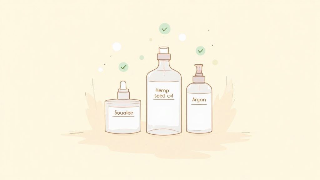 Illustration of three skincare oil bottles: Squalane, Hemp seed oil, and Argan oil with checkmarks.