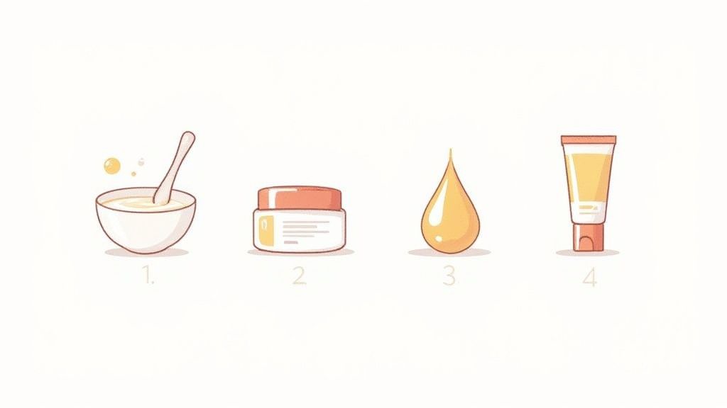 A minimalist bathroom setup showing a creamy cleanser, a simple serum, a moisturizer, and a mineral sunscreen.