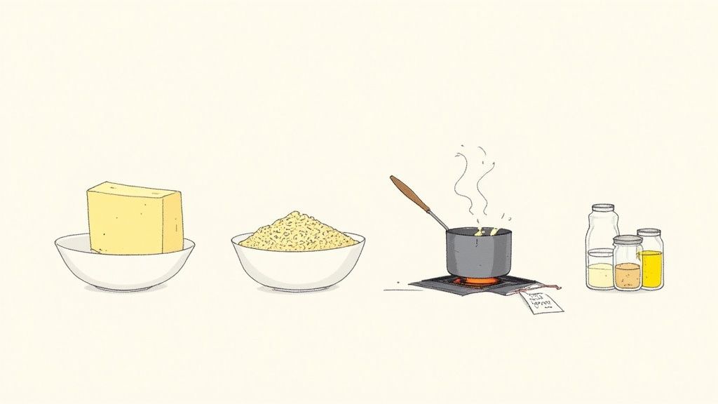 Illustration of soap-making ingredients: a block of fat, grains, a boiling pot, and various liquids in jars.