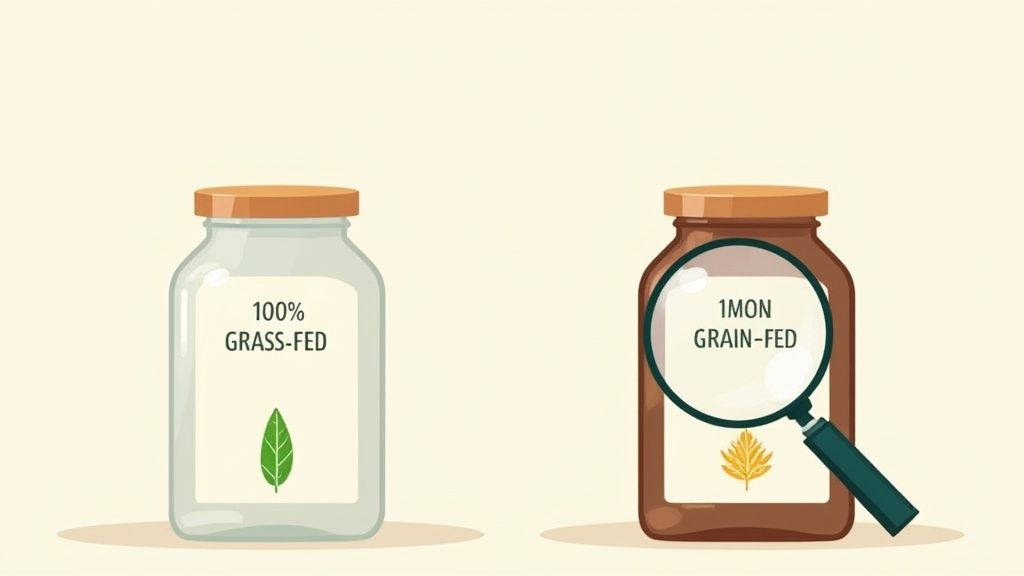 Two jars illustrating '100% Grass-Fed' vs. '1 Month Grain-Fed' animal product labeling.