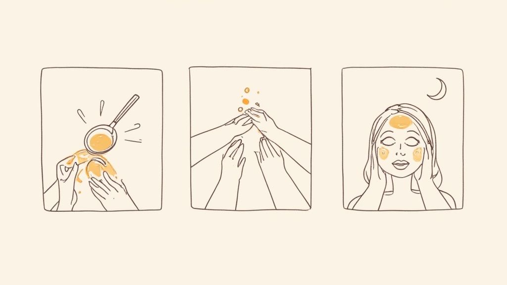 An illustration of hands preparing ingredients and a woman applying a face cream at night.