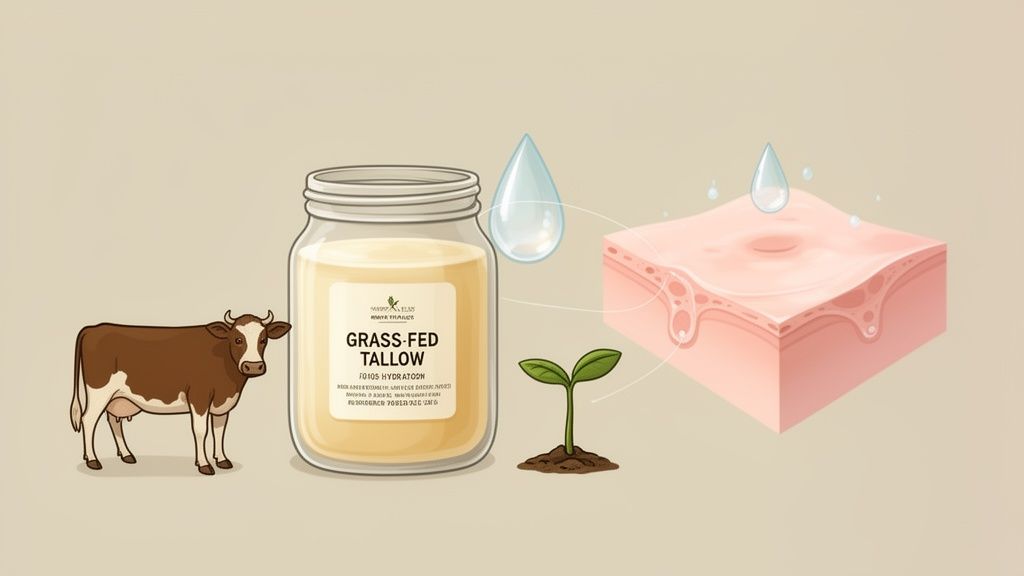 Illustration showing a cow, a jar of grass-fed tallow, a plant, and skin being hydrated by water drops.