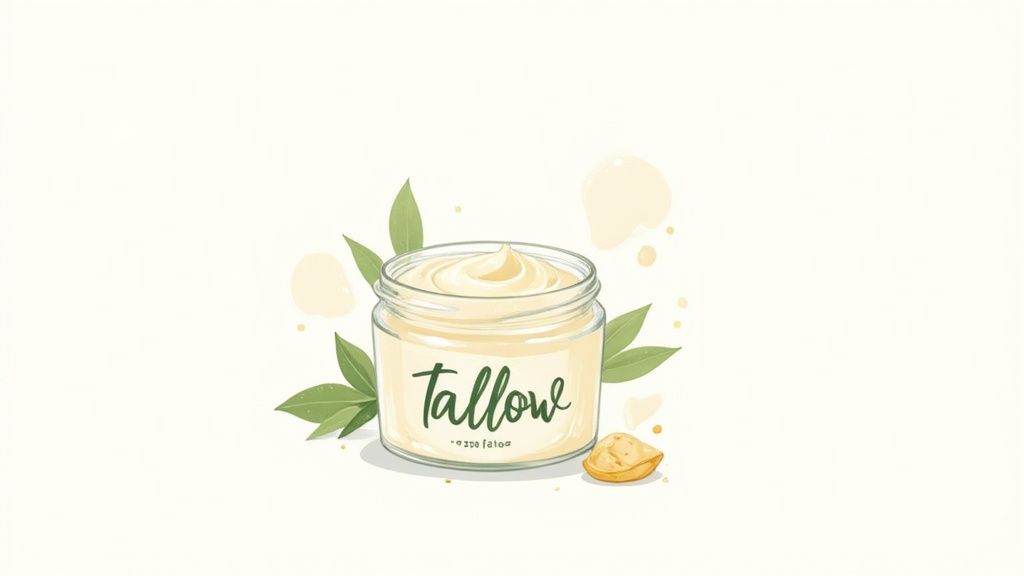 A small white jar of organic tallow face cream with a golden lid, sitting amongst fresh green leaves, looking clean and natural.