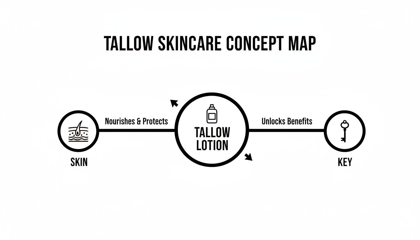 Tallow skincare concept map showing tallow lotion nourishing skin and unlocking benefits, symbolized by a key.