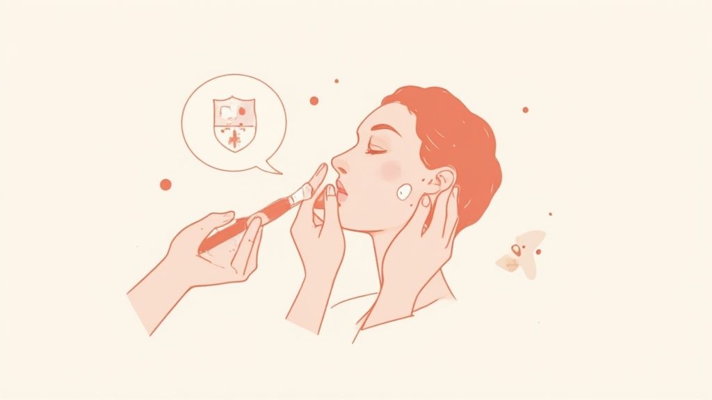 Illustration of a hand applying skin care product with a brush to a woman's face, symbolizing protection.