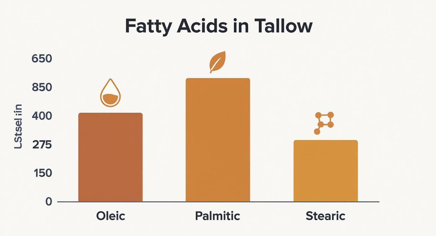 Bar chart illustrating the concentration of Oleic, Palmitic, and Stearic fatty acids in tallow.