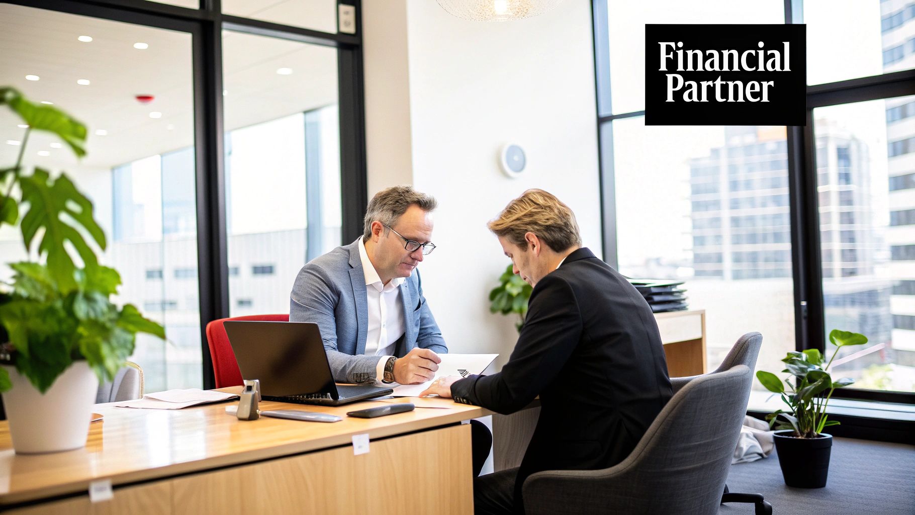 Two professionals in a modern office collaborating over financial documents, representing a strategic accountant-client partnership.