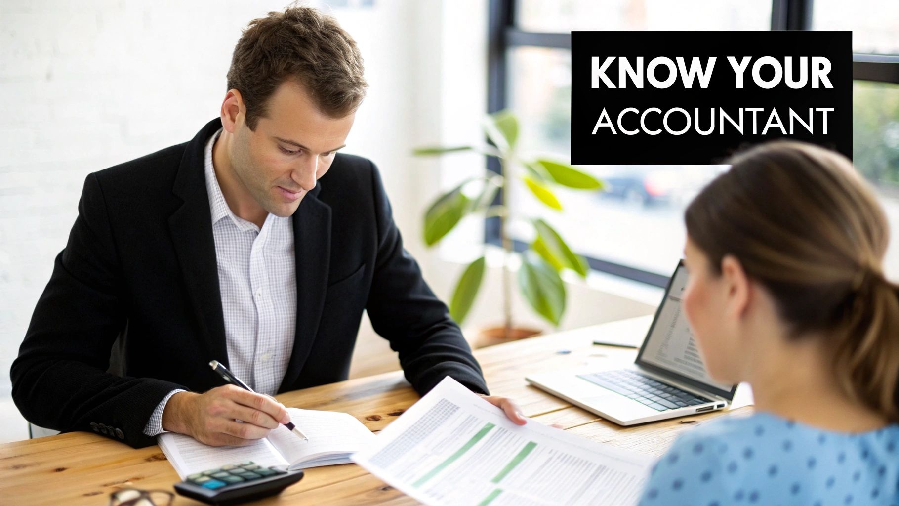 Two professionals having a meeting in a modern office, discussing financial documents.