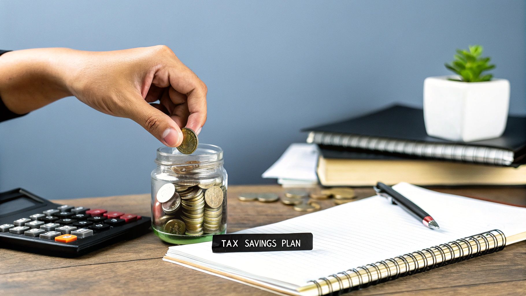 A business owner reviewing financial documents at a desk, looking thoughtful about their tax obligations.