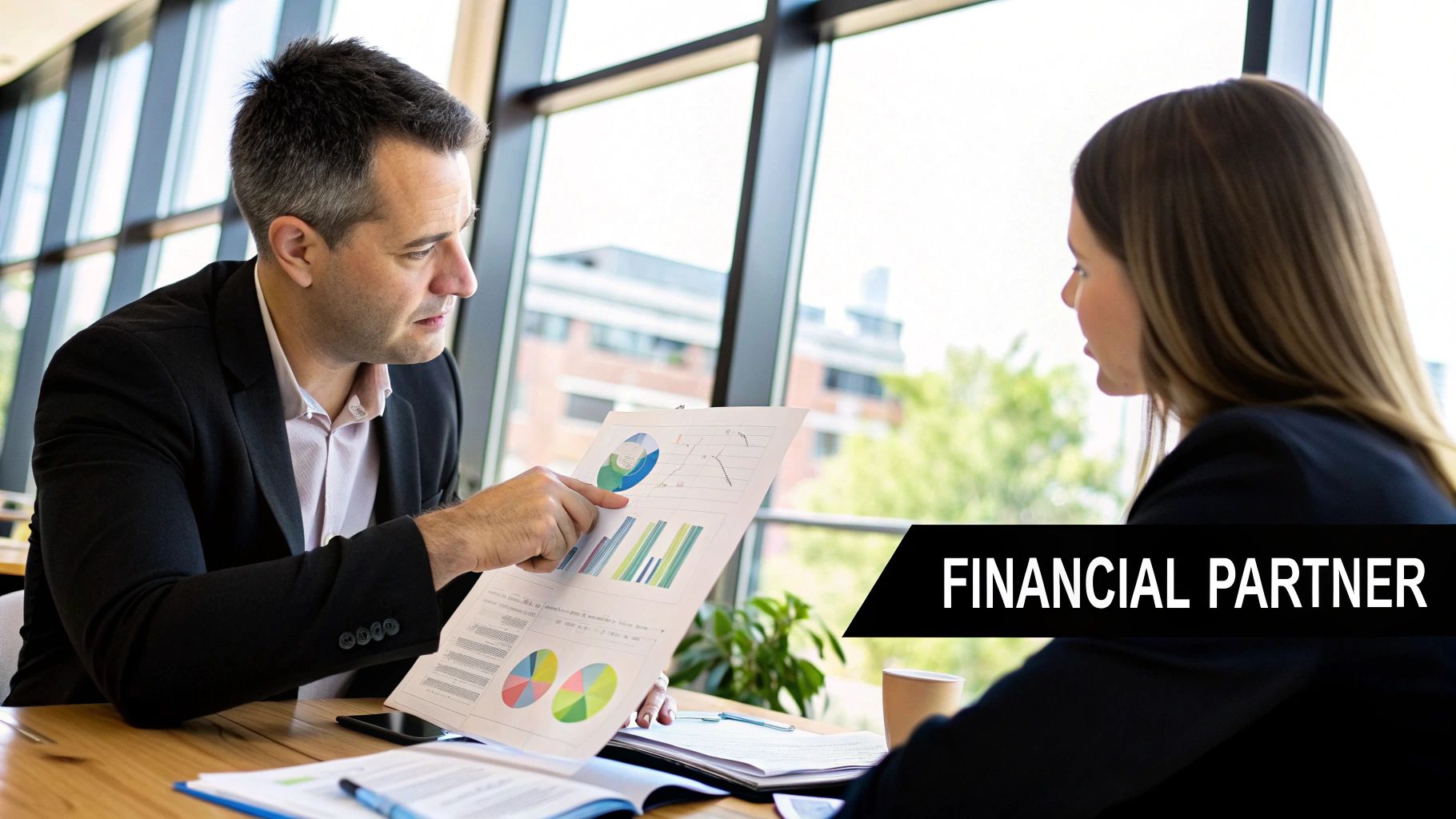 An accountant presenting a financial growth chart to a business owner on a tablet.