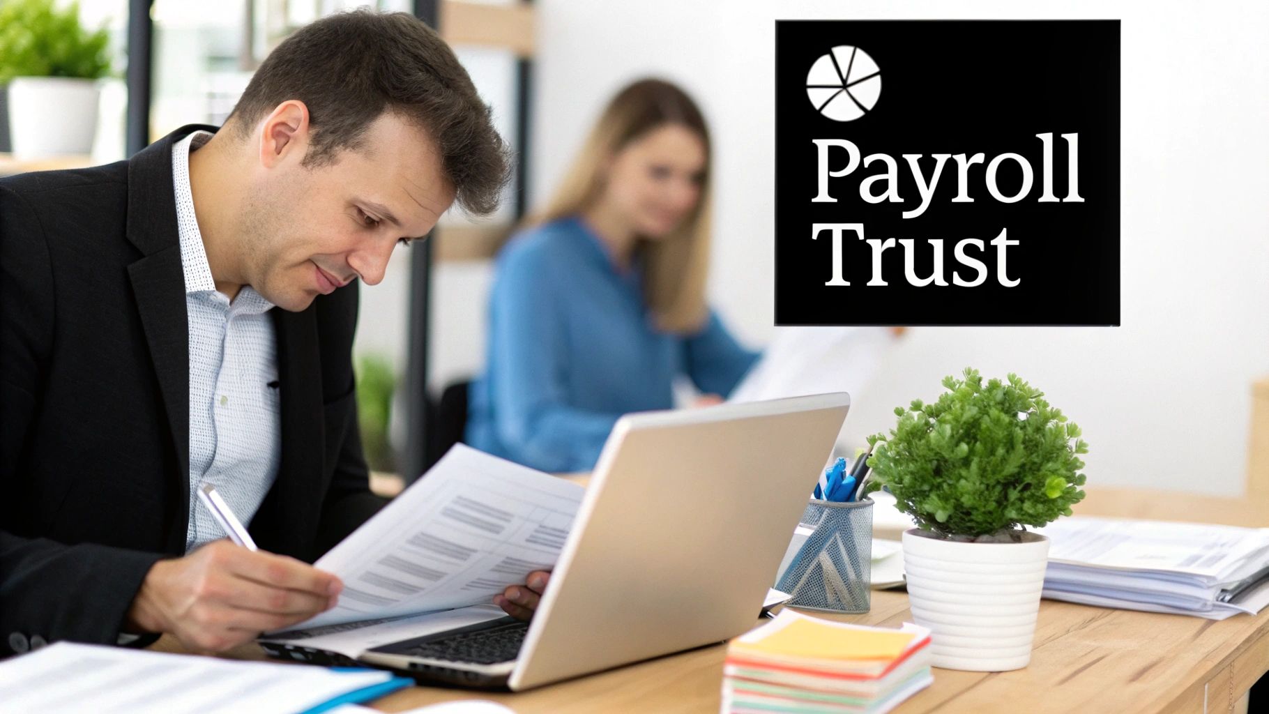 An office scene with a person working on payroll calculations on a laptop, highlighting the complexity of small business finance.