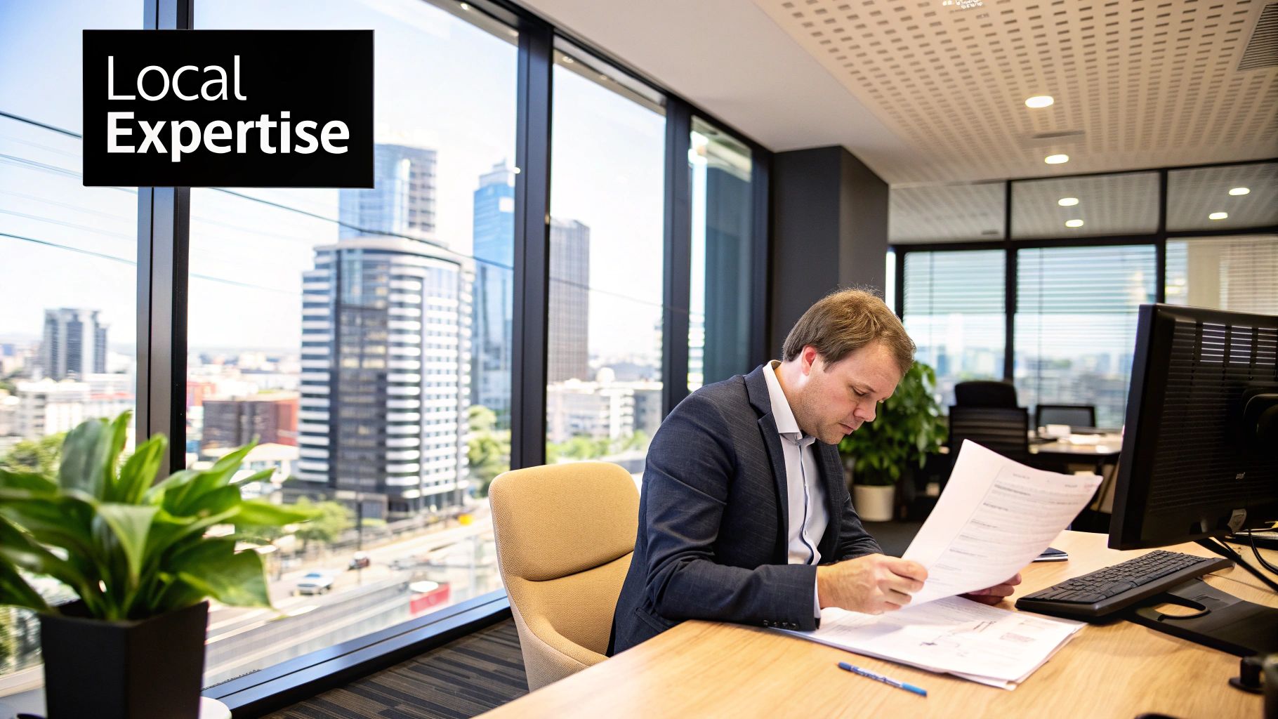 A business owner reviewing financial documents with an accountant in a modern Melbourne office.