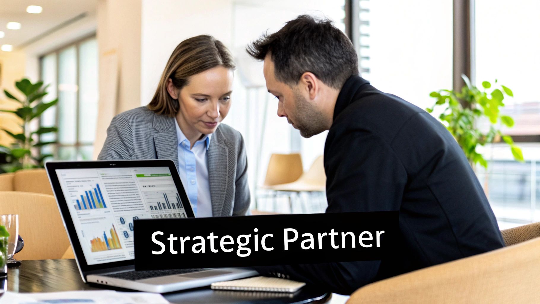 A group of business professionals collaborating around a table with laptops and documents, representing a strategic financial partnership.
