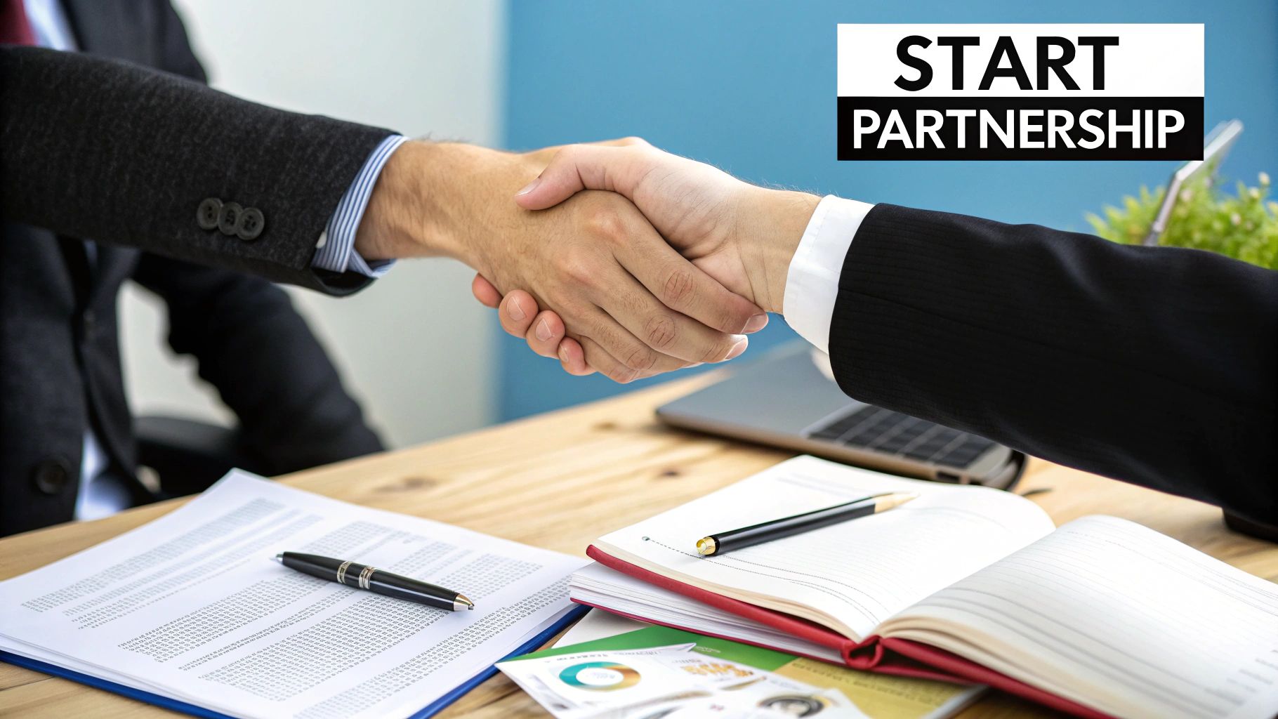 A business owner shaking hands with their new accountant in a modern office.