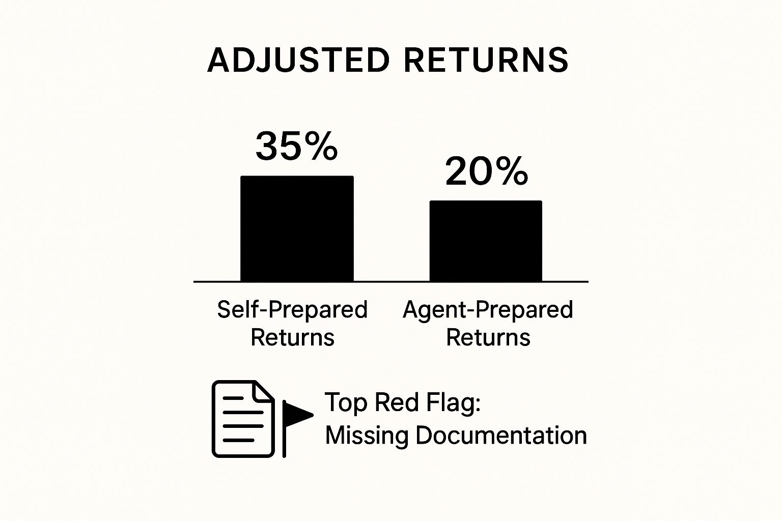 Infographic comparing adjustment rates for self-prepared vs. agent-prepared tax returns, with missing documentation highlighted as a key red flag.