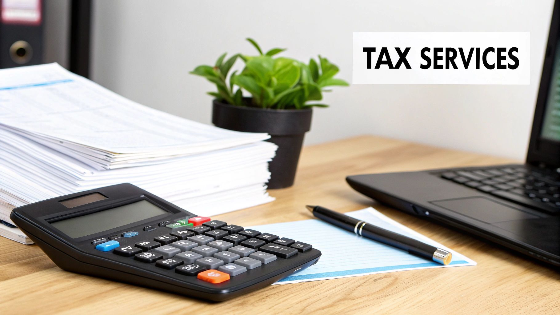 A close-up shot of a tax accountant in Melbourne using a calculator and reviewing spreadsheets.
