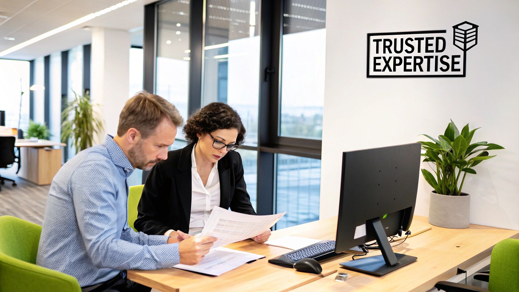 A professional accountant working at a desk in a modern Melbourne office, reviewing financial documents on a laptop.