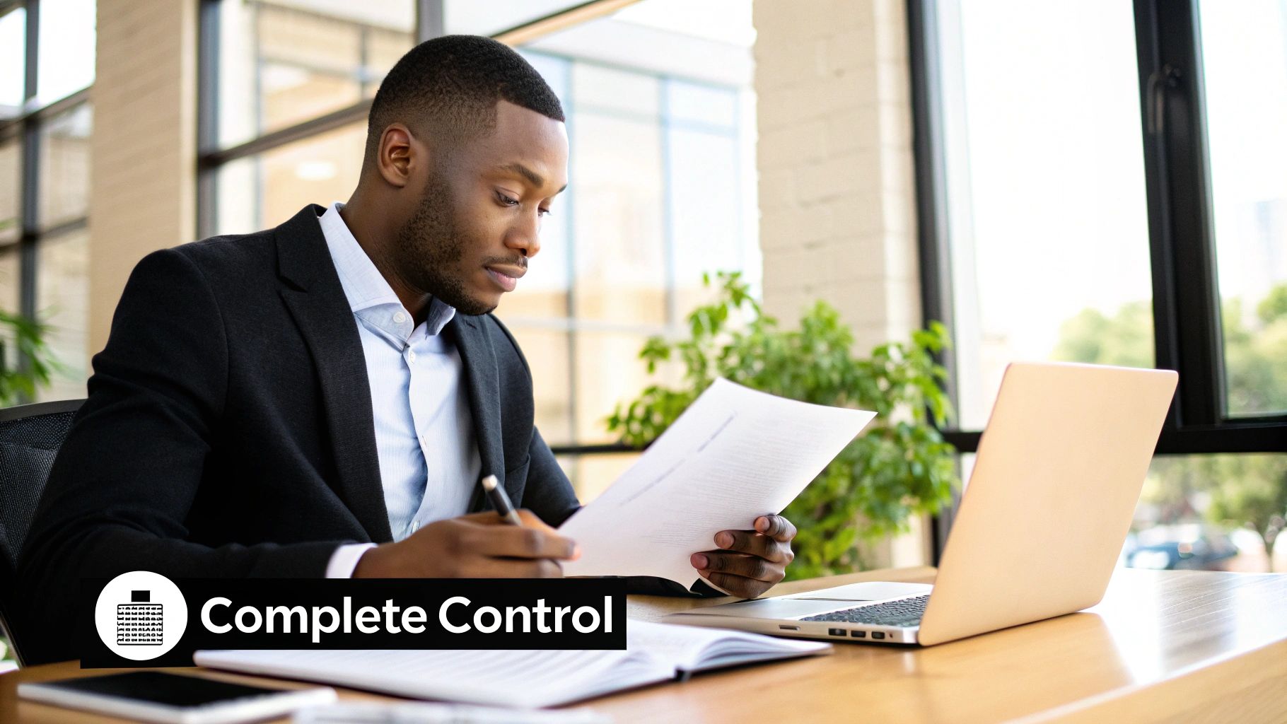 A person smiling while working on a laptop, symbolising the freedom and control of being a sole trader.