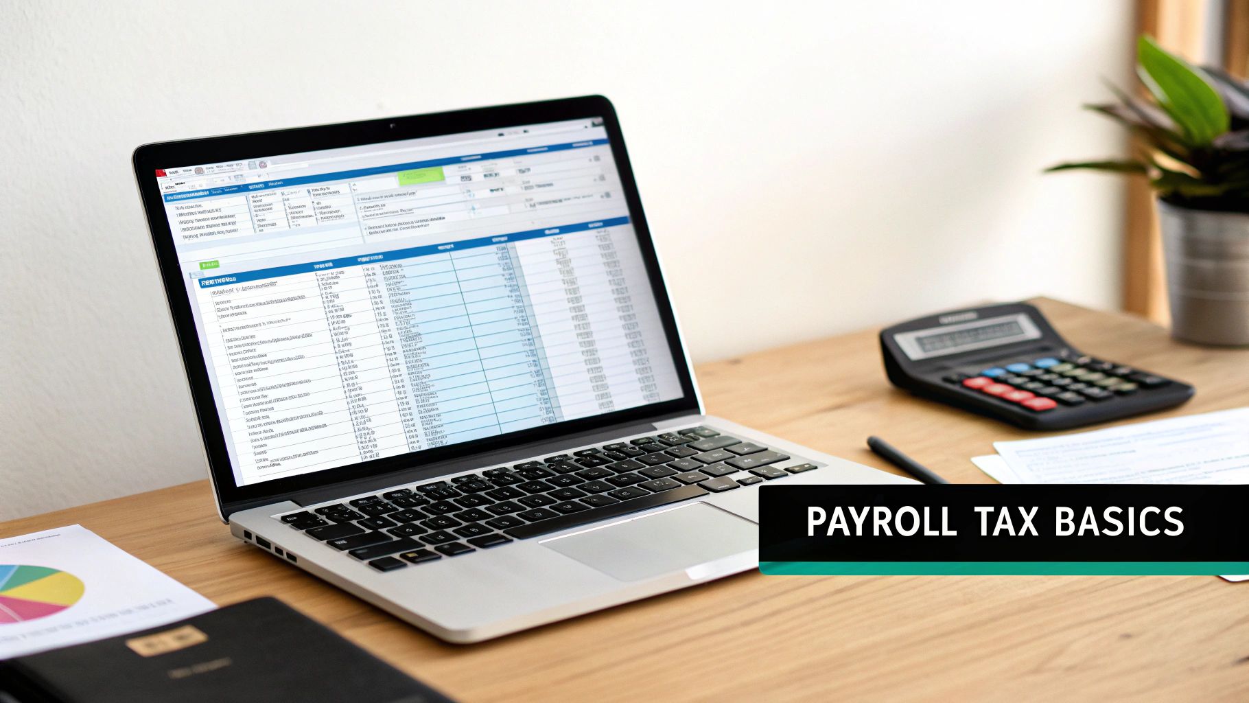 A calculator and pen resting on financial documents, symbolising the process of calculating payroll tax.