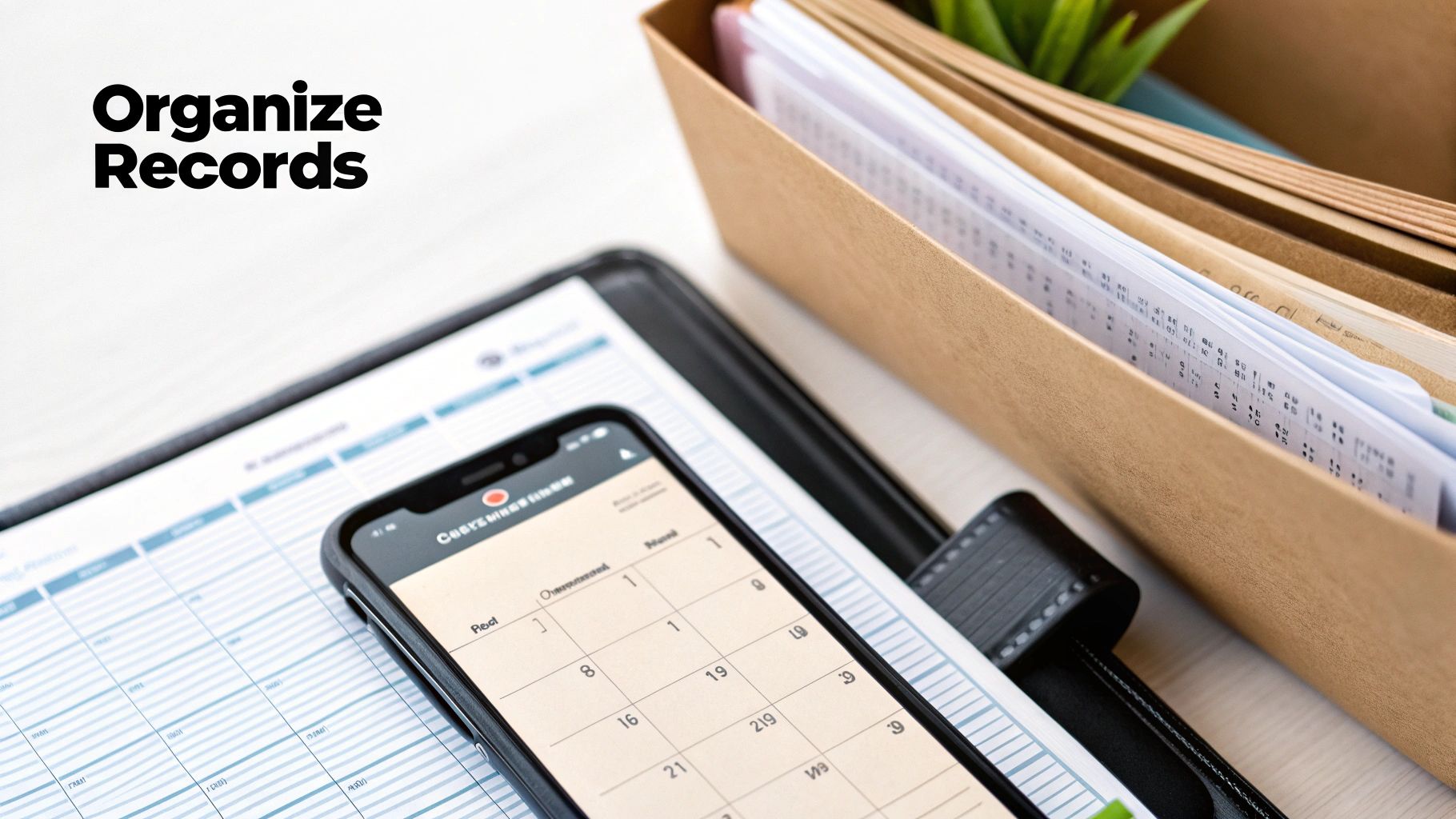 A person organising receipts and financial documents on a desk with a laptop and calculator.