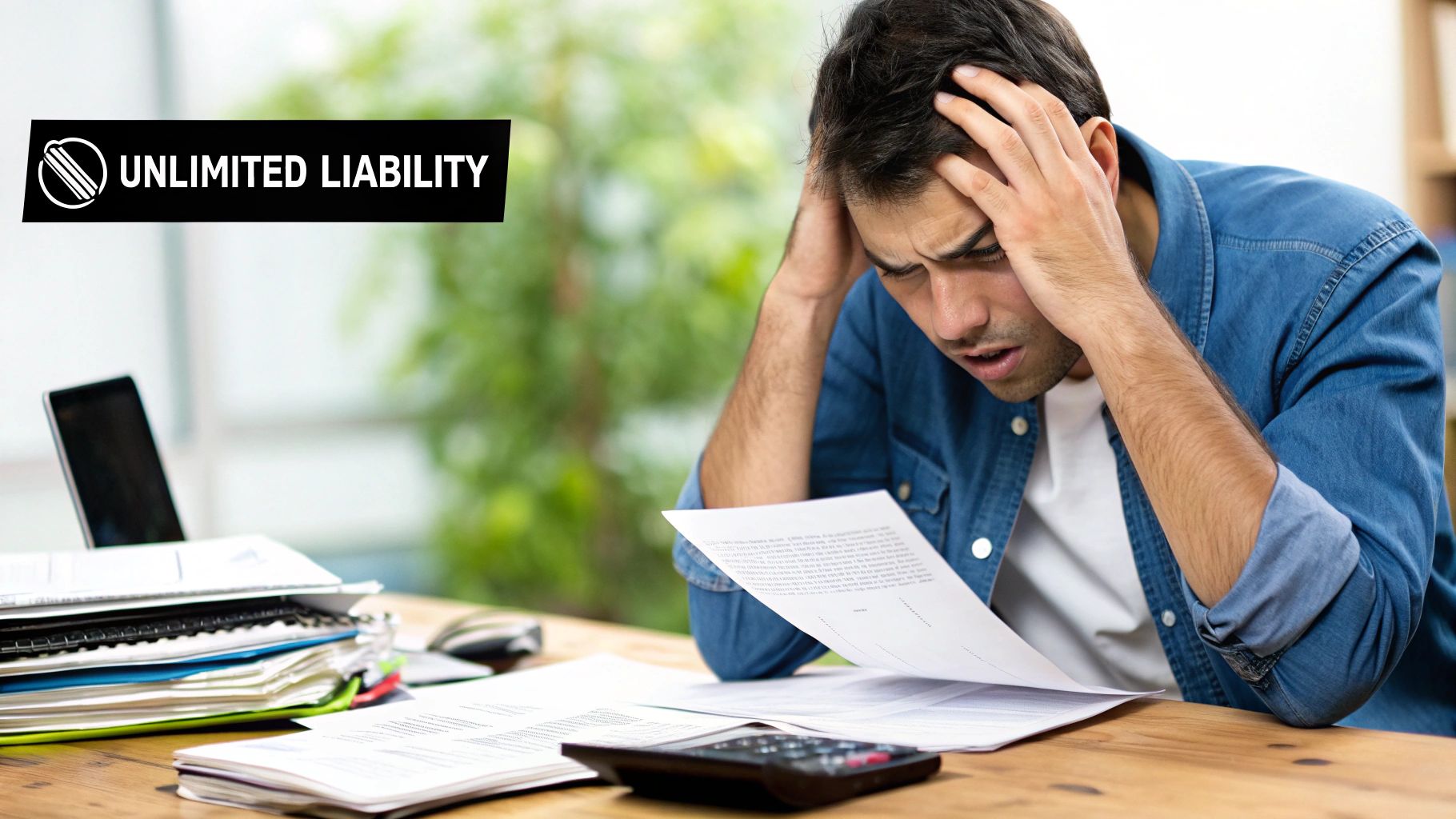 A person looking concerned while reviewing documents, illustrating the potential risks of being a sole trader.