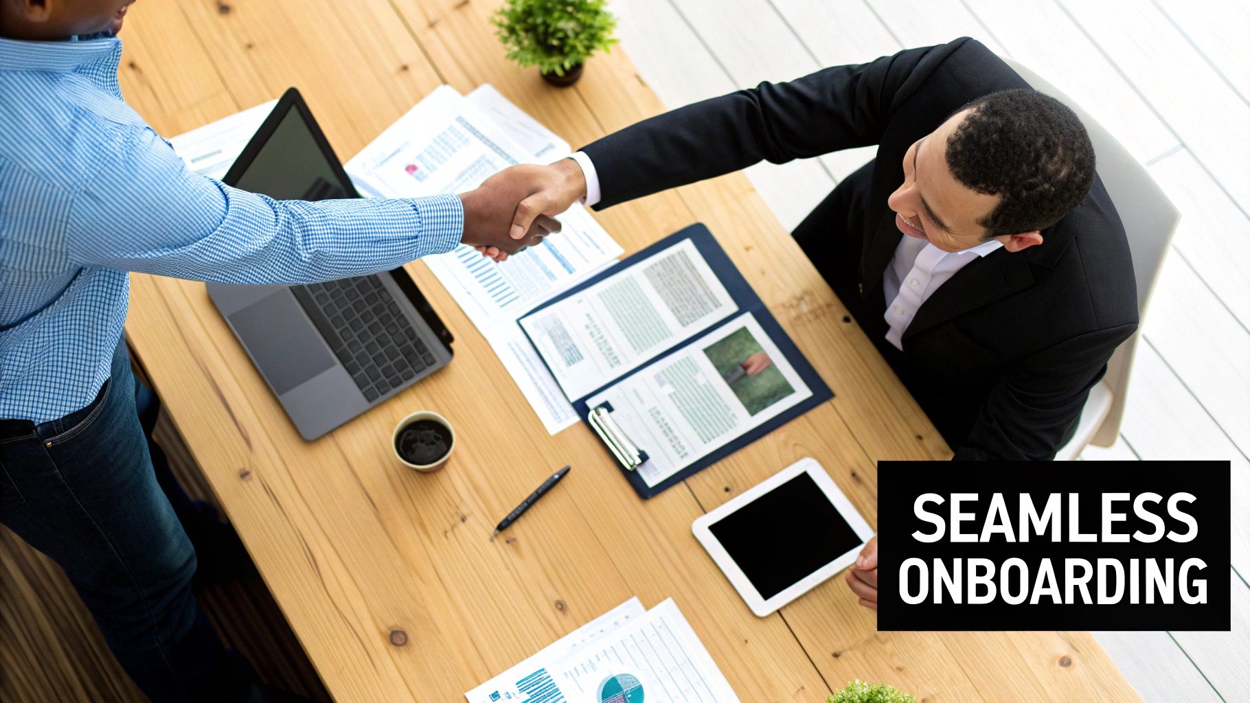 A welcoming handshake between a business owner and their new accountant, signifying a successful partnership.