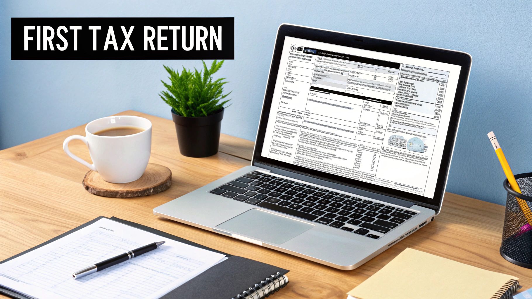 A person working on a laptop with a calculator and notepad, planning their tax return.