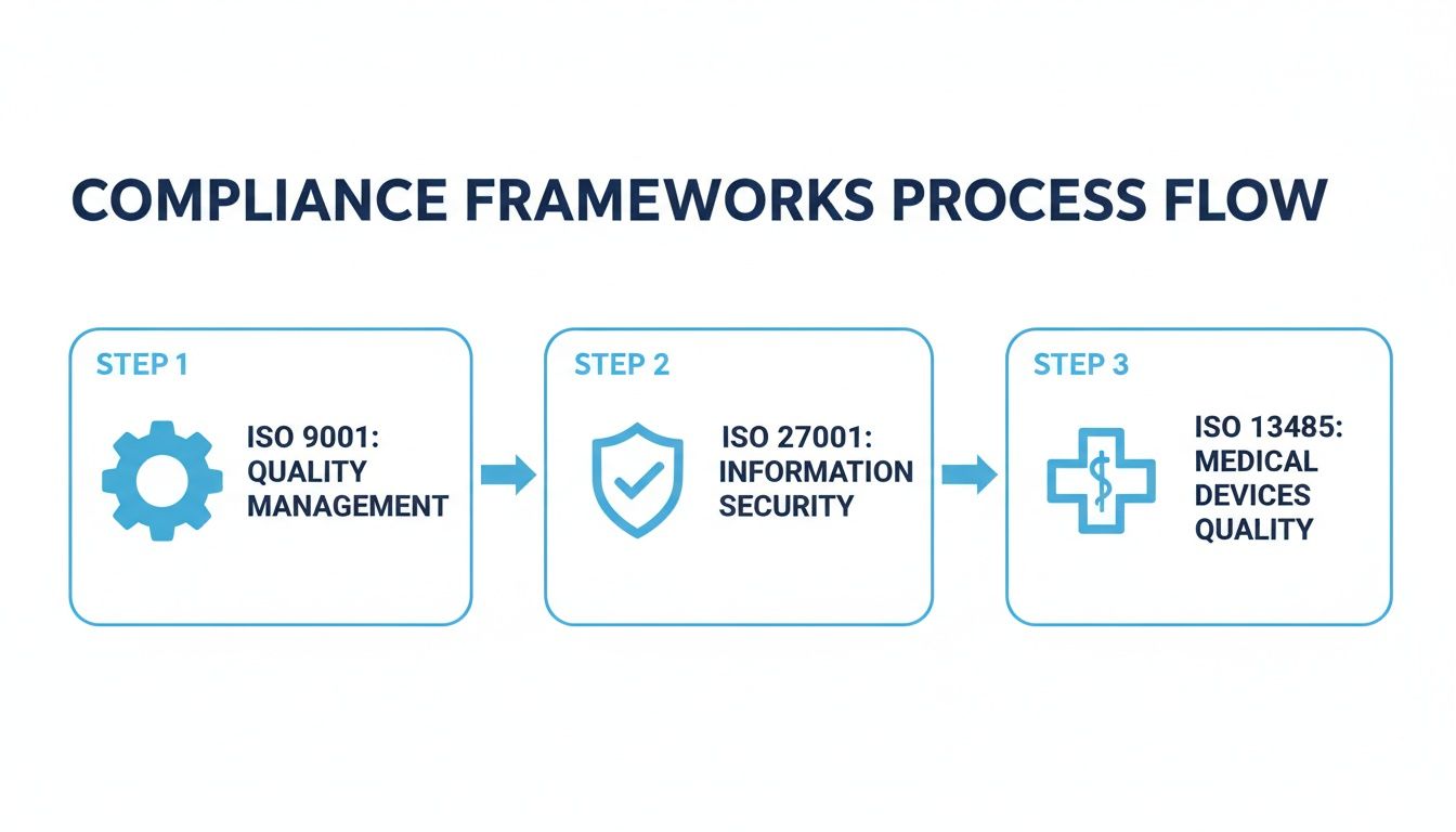 A three-step process flow diagram for compliance frameworks, including ISO 9001, ISO 27001, and ISO 13485.