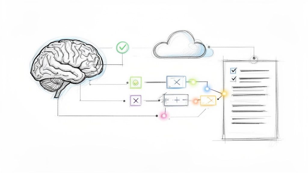 A diagram illustrating a brain connected to a cloud, processing steps, and a final checklist, representing risk assessment.