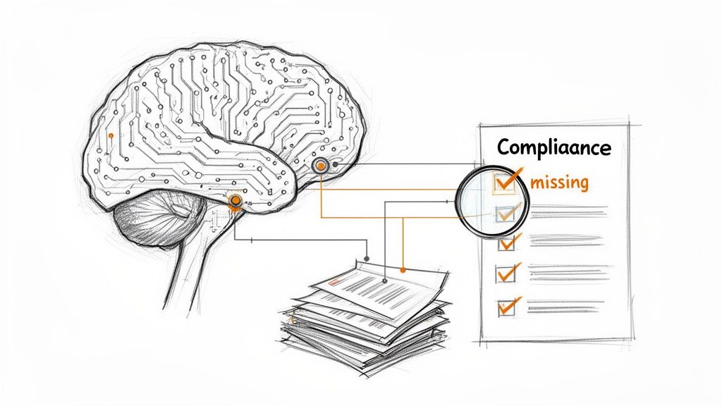 A circuit-board styled brain analyzes a compliance checklist, identifying missing items and connecting to documents.