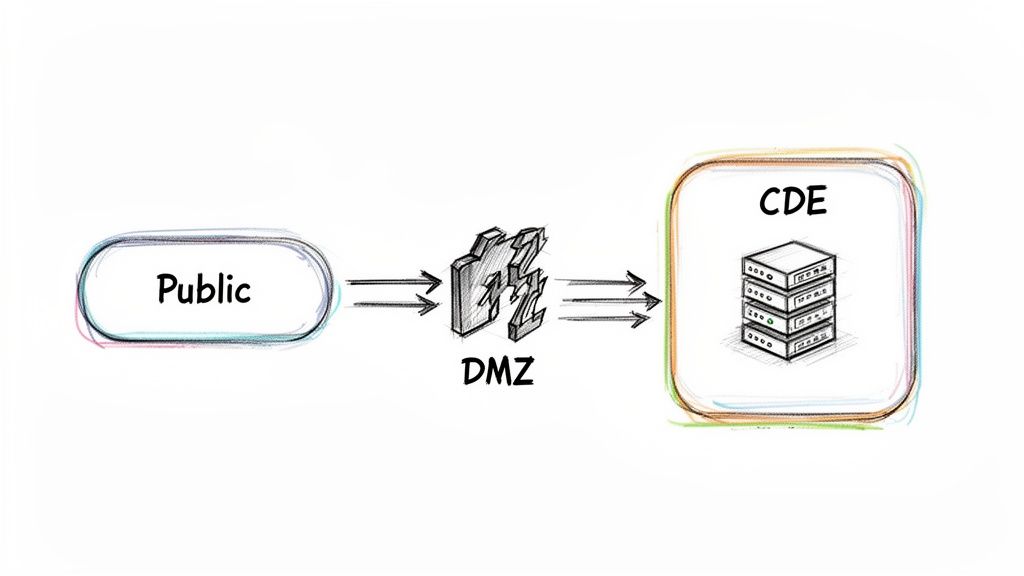 Network diagram illustrating a Public zone connecting to a DMZ, then to a CDE with servers.