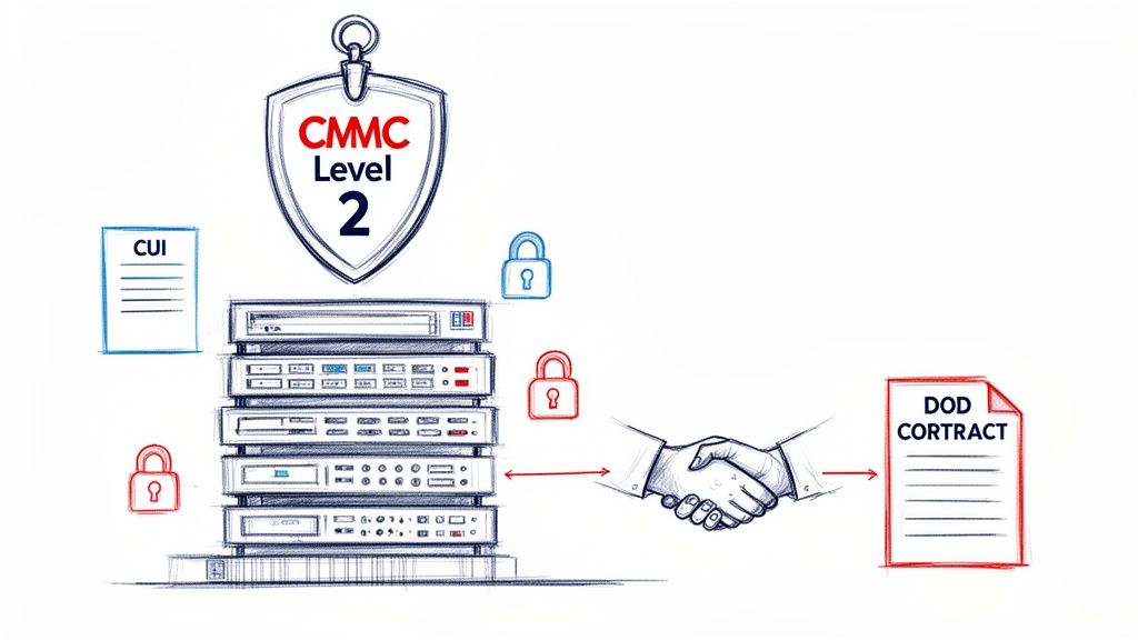 CMMC Level 2 security process for CUI data and DoD contracts, illustrated with servers and locks.