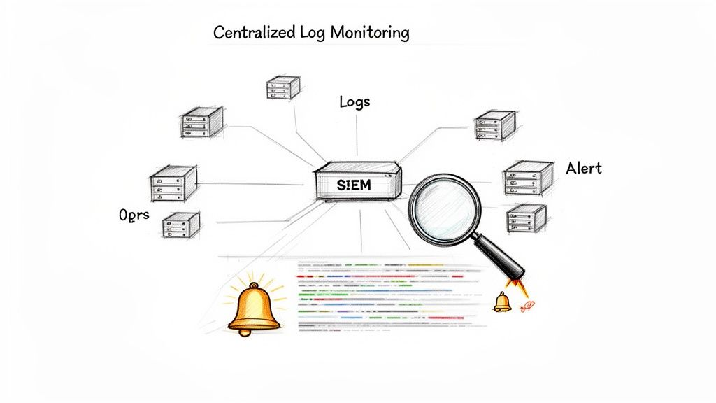 Diagram illustrating centralized log monitoring with SIEM, collecting logs, analyzing, and generating alerts.