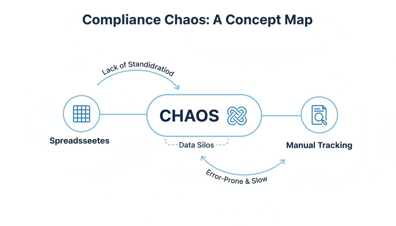 A concept map illustrating compliance chaos caused by spreadsheets, data silos, and manual tracking.