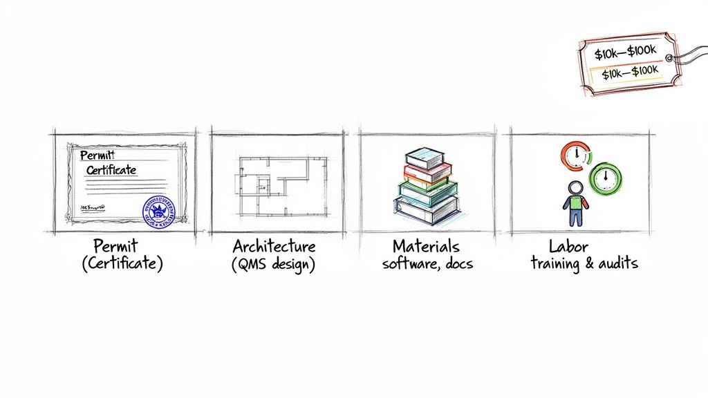 Illustration showing permits, architectural design, materials, labor, and costs for a certification process.