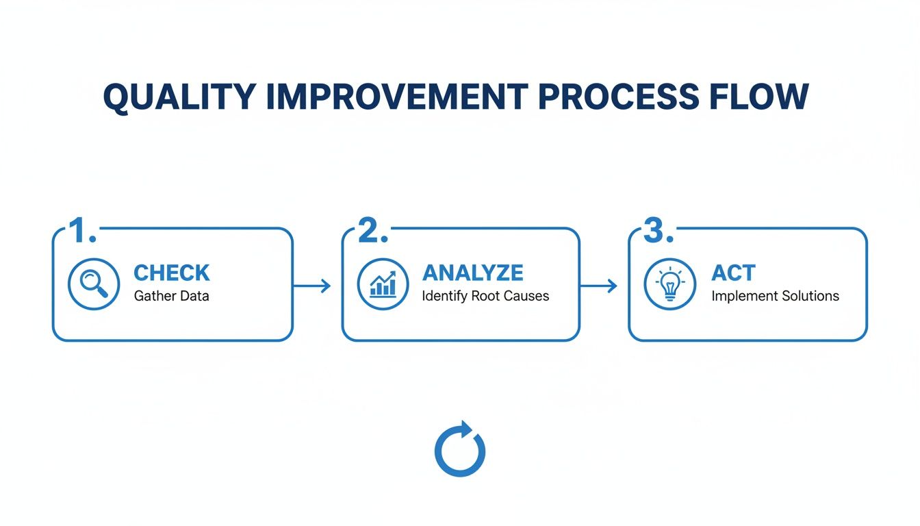 A visual process flow diagram outlining three steps for quality improvement: Check, Analyze, and Act.