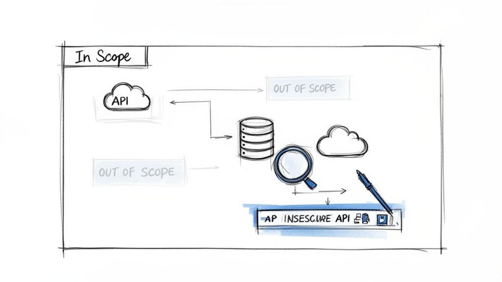 A hand-drawn diagram illustrating an API audit scope, highlighting in-scope API and database with an insecure API finding.