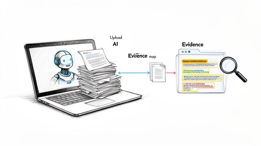 An AI robot on a laptop screen processes documents to create an evidence map for review.
