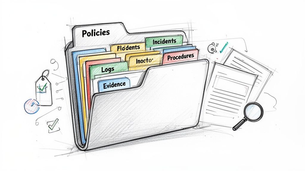 Sketch of a file folder with tabs for policies, incidents, logs, evidence, and procedures for an audit.