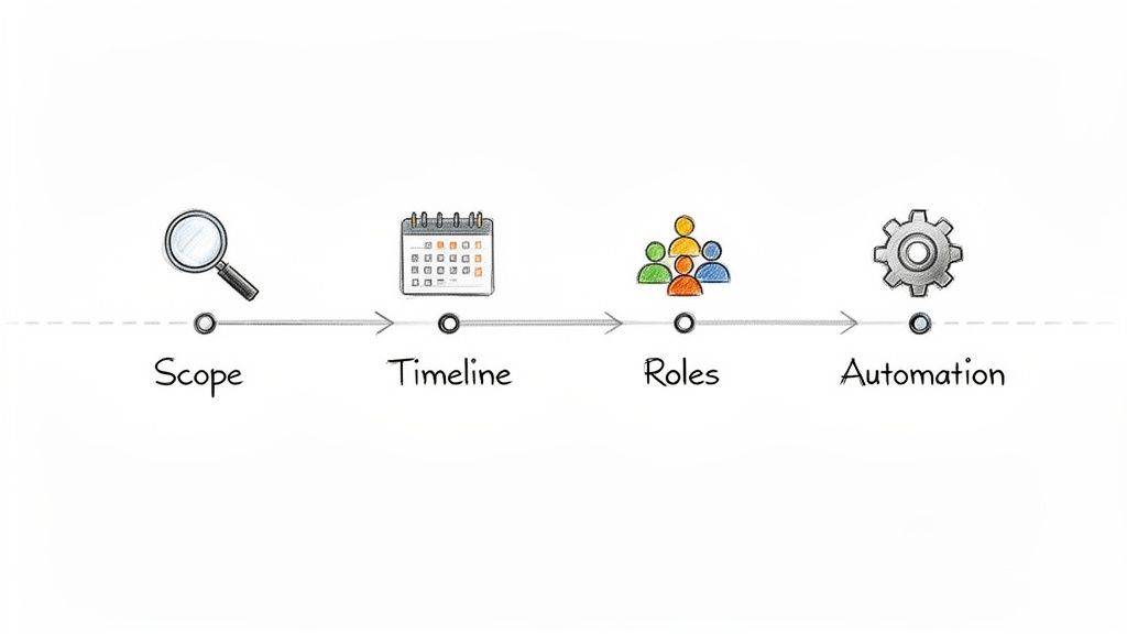 A process flow diagram showing four key stages: Scope, Timeline, Roles, and Automation with illustrative icons.