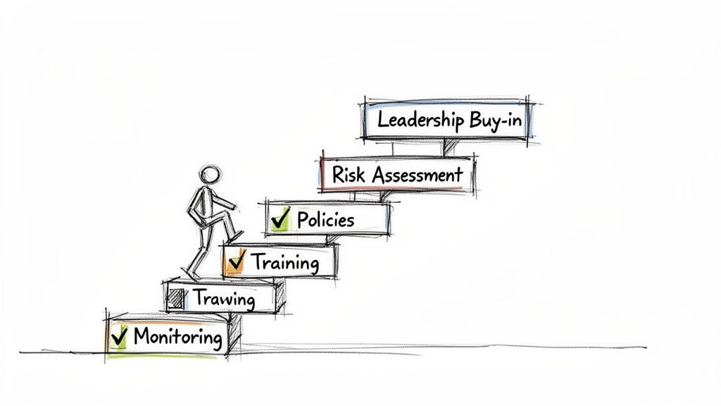 A stick figure climbs steps labeled Monitoring, Training, Policies, Risk Assessment, and Leadership Buy-in, illustrating a compliance program's phases.
