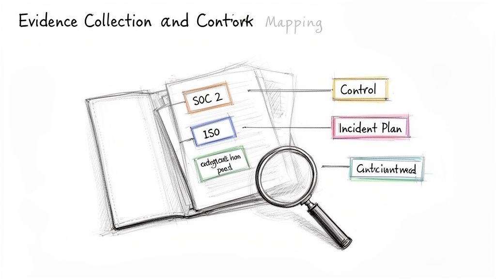Hand-drawn illustration showing evidence collection and control mapping with SOC 2, ISO, and incident plans.