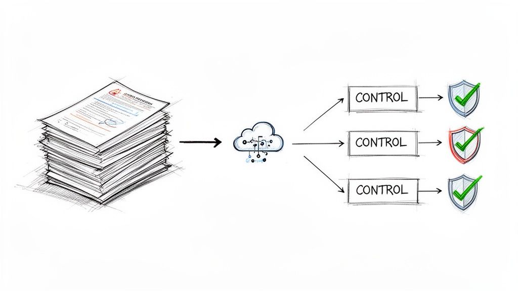 A diagram depicting documents processed through a cloud system, leading to three controlled and secured outcomes.