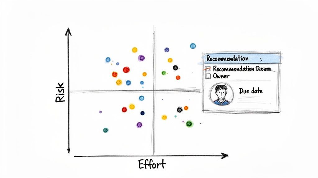 A scatter plot categorizing various data points by risk and effort, with a recommendation task window.