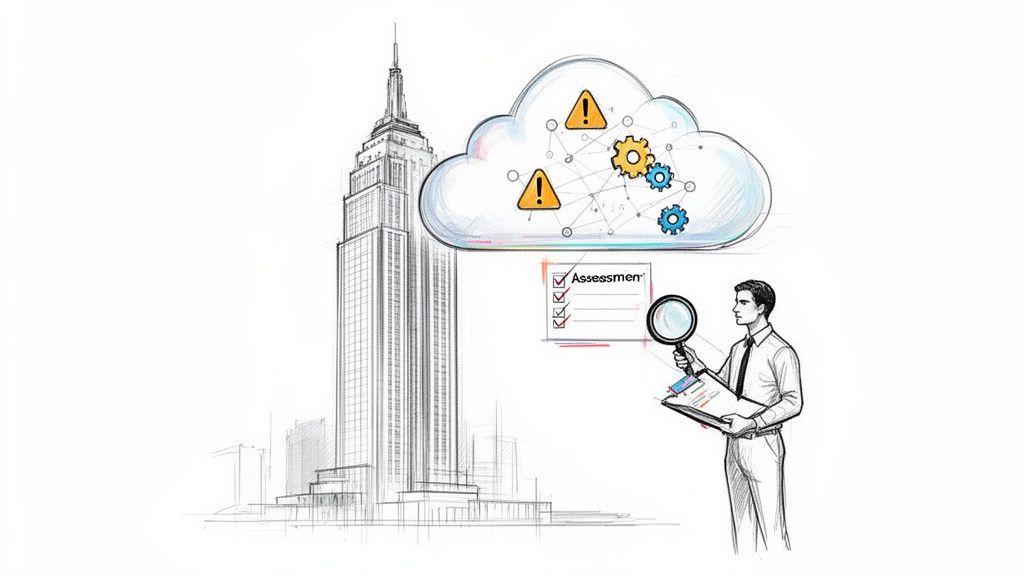 A businessman reviews a cloud assessment checklist with a magnifying glass, showing a cloud with warning icons.