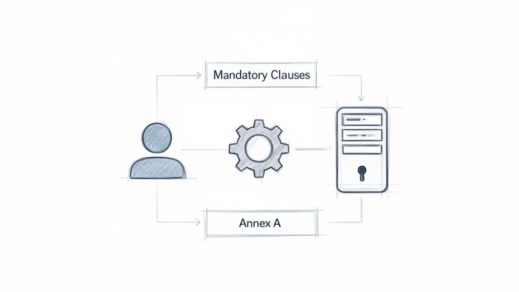 A diagram illustrates connections between a person, gear, server, mandatory clauses, and Annex A.