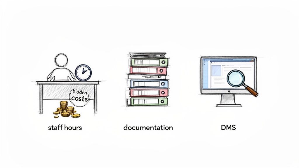 Illustrations showing staff hours with hidden costs, physical documentation, and a DMS with a magnifying glass.