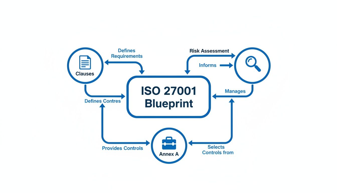 Flowchart illustrating the ISO 27001 blueprint, linking clauses, risk assessment, and control selection from Annex A.